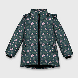 Куртка зимняя для девочки Винтажный узор с цветами, цвет: 3D-черный