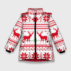 Куртка зимняя для девочки Новогодний узор с оленями, цвет: 3D-красный
