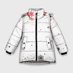 Куртка зимняя для девочки НОВОГОДНИЕ СНЕЖИНКИ ЧЁРНО КРАСНЫЕ 2022, цвет: 3D-светло-серый
