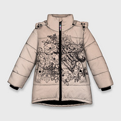 Куртка зимняя для девочки Татуировка тигра в цветах, цвет: 3D-черный