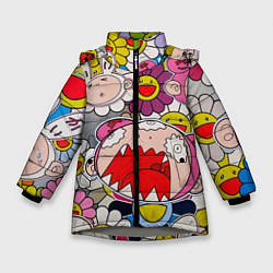 Куртка зимняя для девочки Takashi Murakami кричащий арт, цвет: 3D-светло-серый