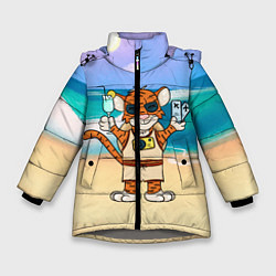 Куртка зимняя для девочки Тигр в отпуске на новый год на море, цвет: 3D-светло-серый