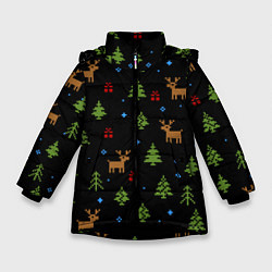 Куртка зимняя для девочки Новогодние олени и елки, цвет: 3D-черный