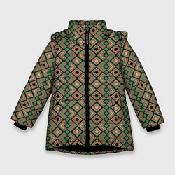 Куртка зимняя для девочки Абстракция из черных, зеленых и бежевых квадратов, цвет: 3D-черный