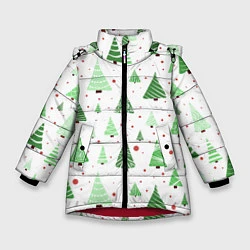 Куртка зимняя для девочки Много разных зелёных ёлочек на белом фоне плюс кра, цвет: 3D-красный
