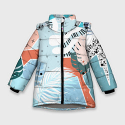 Куртка зимняя для девочки Разноцветная абстракция с пальмовыми листами, цвет: 3D-светло-серый