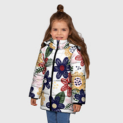 Куртка зимняя для девочки Разноцветные цветы в мультяшном стиле, цвет: 3D-черный — фото 2