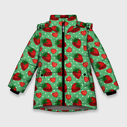 Куртка зимняя для девочки Клубника на зеленом фоне, цвет: 3D-светло-серый