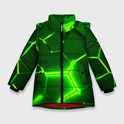 Куртка зимняя для девочки 3D ПЛИТЫ НЕОН NEON GREEN HEXAGON РАЗЛОМ, цвет: 3D-красный