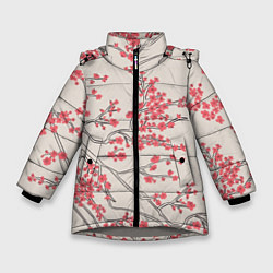 Куртка зимняя для девочки Красные цветы на ветках, цвет: 3D-светло-серый