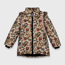 Куртка зимняя для девочки ДРАКОН И РОЗА, цвет: 3D-черный
