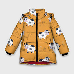 Куртка зимняя для девочки Веселые коровки с ведрами молока, цвет: 3D-красный
