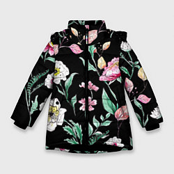 Куртка зимняя для девочки Цветы Нарисованные от Руки, цвет: 3D-черный