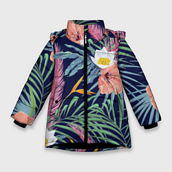 Куртка зимняя для девочки Цветы Гибискусы, цвет: 3D-черный