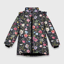 Куртка зимняя для девочки Разные цветы, листья, травы на темном фоне, цвет: 3D-черный