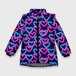 Куртка зимняя для девочки Неоновые сердца, паттерн, цвет: 3D-светло-серый