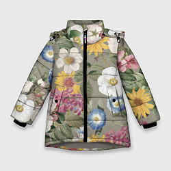 Куртка зимняя для девочки Цветы Красочный Вечерний Узор, цвет: 3D-светло-серый