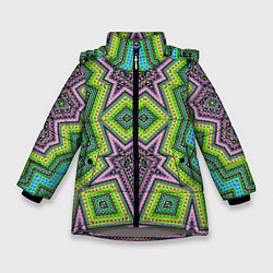 Куртка зимняя для девочки Яркий восточный орнамент в зелено-розовых цветах, цвет: 3D-светло-серый