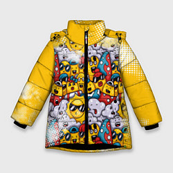 Куртка зимняя для девочки Семья смайлов, цвет: 3D-черный