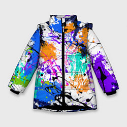Куртка зимняя для девочки Брызги и мазки разноцветных красок на белом фоне, цвет: 3D-черный