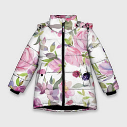 Куртка зимняя для девочки Летний красочный паттерн из цветков розы и ягод еж, цвет: 3D-черный