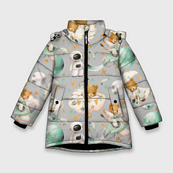 Куртка зимняя для девочки Львенок на ракете на сером, цвет: 3D-черный