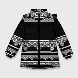 Куртка зимняя для девочки Белое кружево на черном фоне lace, цвет: 3D-черный