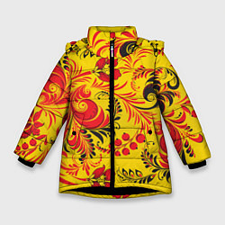 Куртка зимняя для девочки Хохломская Роспись Цветы, цвет: 3D-черный