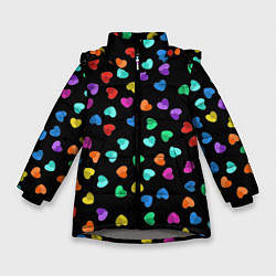 Куртка зимняя для девочки Сердечки разноцветные на черном, цвет: 3D-светло-серый