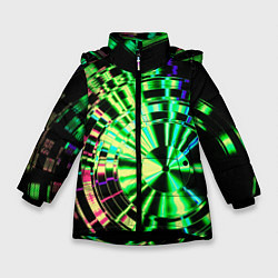 Куртка зимняя для девочки Неоновые дискообразные узоры - Зелёный, цвет: 3D-черный