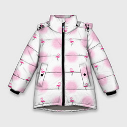 Куртка зимняя для девочки Фламинго и круги на белом фоне, цвет: 3D-светло-серый