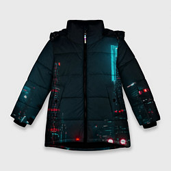 Куртка зимняя для девочки Неоновые высотки в городе - Светло-синий, цвет: 3D-черный