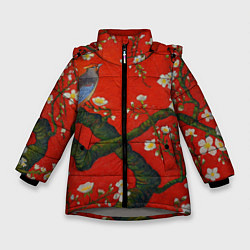 Куртка зимняя для девочки Птица на ветвях сакуры, цвет: 3D-светло-серый