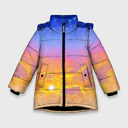 Куртка зимняя для девочки Закатное небо и звезды, цвет: 3D-черный