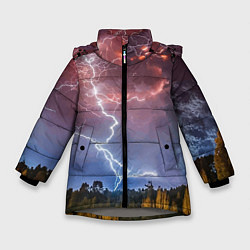 Куртка зимняя для девочки Грозовые разряды молний над лесом, цвет: 3D-светло-серый