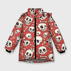 Куртка зимняя для девочки Черепа на красном фоне, цвет: 3D-светло-серый