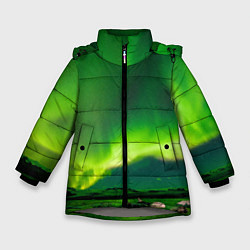 Куртка зимняя для девочки Абстрактное полярное сияние - Зелёный, цвет: 3D-светло-серый