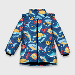 Куртка зимняя для девочки Акула, скат и другие обитатели океана - лето, цвет: 3D-черный