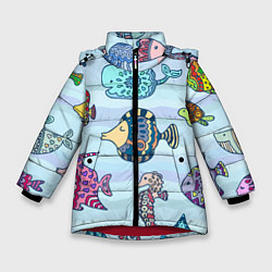 Куртка зимняя для девочки Кит, черепаха, акула и другие обитатели океана, цвет: 3D-красный