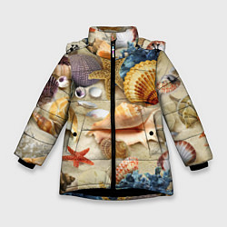 Куртка зимняя для девочки Морские раковины, кораллы, морские звёзды на песке, цвет: 3D-черный