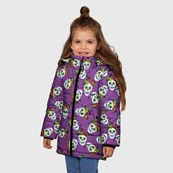 Куртка зимняя для девочки Сахарные черепа на фиолетовом паттерн, цвет: 3D-светло-серый — фото 2