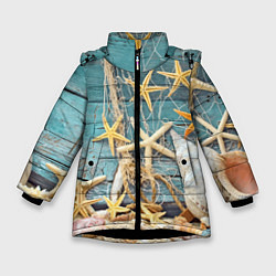 Куртка зимняя для девочки Натюрморт из сети, морских звёзд и ракушек - лето, цвет: 3D-черный