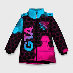Куртка зимняя для девочки GTA - neon gradient: надпись, символ, цвет: 3D-черный