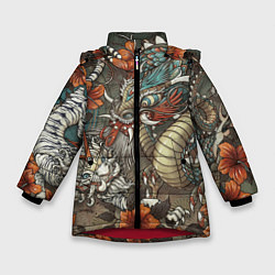 Куртка зимняя для девочки Тигр и дракон мифические, цвет: 3D-красный