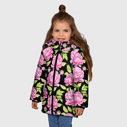 Куртка зимняя для девочки Розовые пионы на черном, цвет: 3D-светло-серый — фото 2