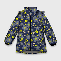 Куртка зимняя для девочки Лимонного цвета цветы на серо-синем фоне, цвет: 3D-светло-серый