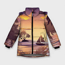 Куртка зимняя для девочки Лодка в море на закате возле тропических островов, цвет: 3D-светло-серый