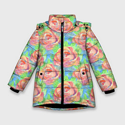 Куртка зимняя для девочки Алые розы акварель, цвет: 3D-черный