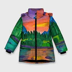 Куртка зимняя для девочки Закат на реке, цвет: 3D-черный