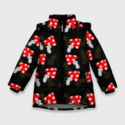 Куртка зимняя для девочки Мухоморы на черном фоне, цвет: 3D-светло-серый
